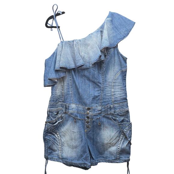Dereon Denim Romper Womens Plus Size 1X VTG Y2K Urban Streetwear Blue Jean Belt - Picture 2 of 12